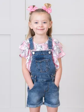 Pink Bunny Ruffle Top & Denim Overall Set