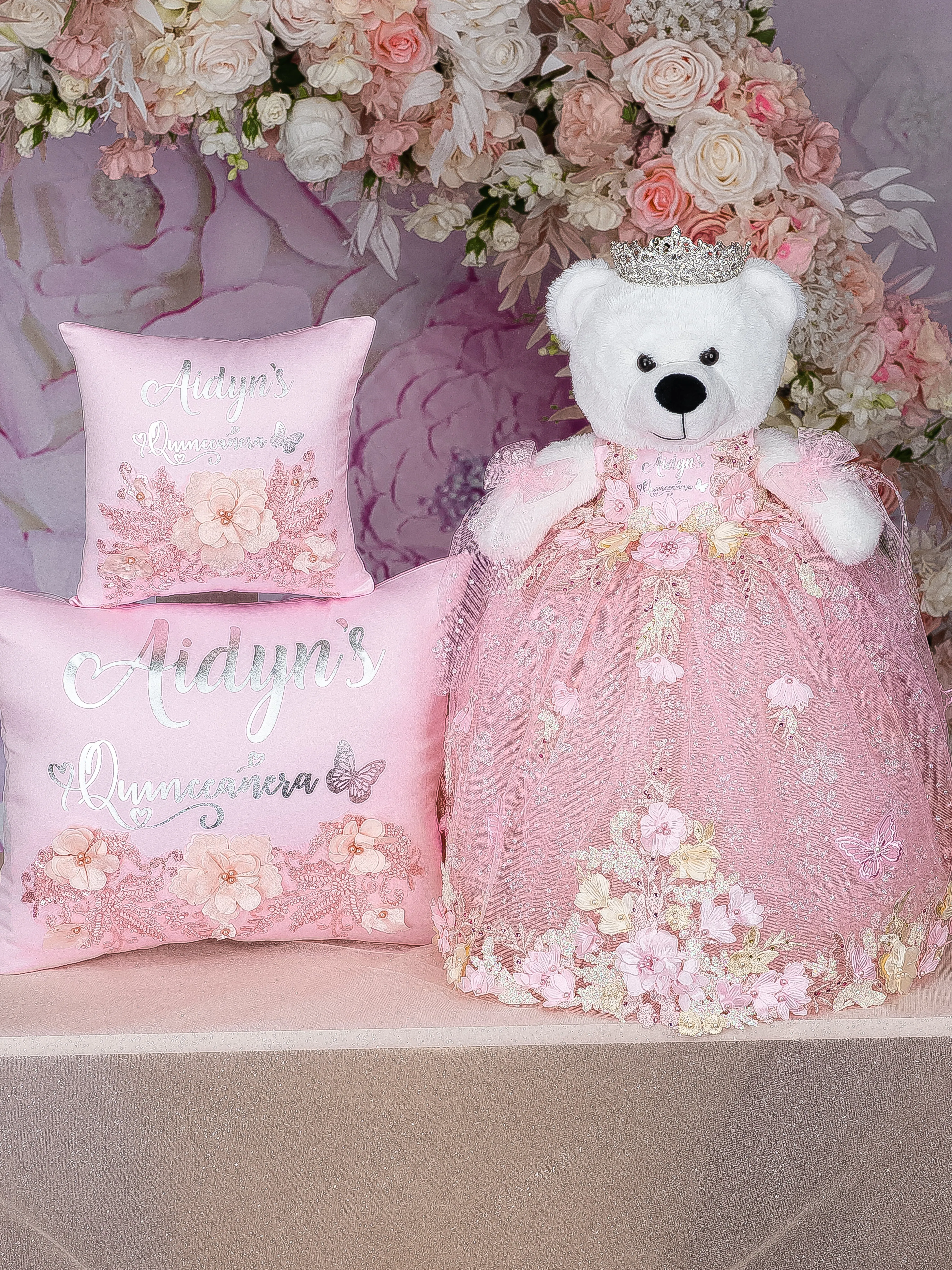 Pink with flowers Teddy Bear for quinceanera