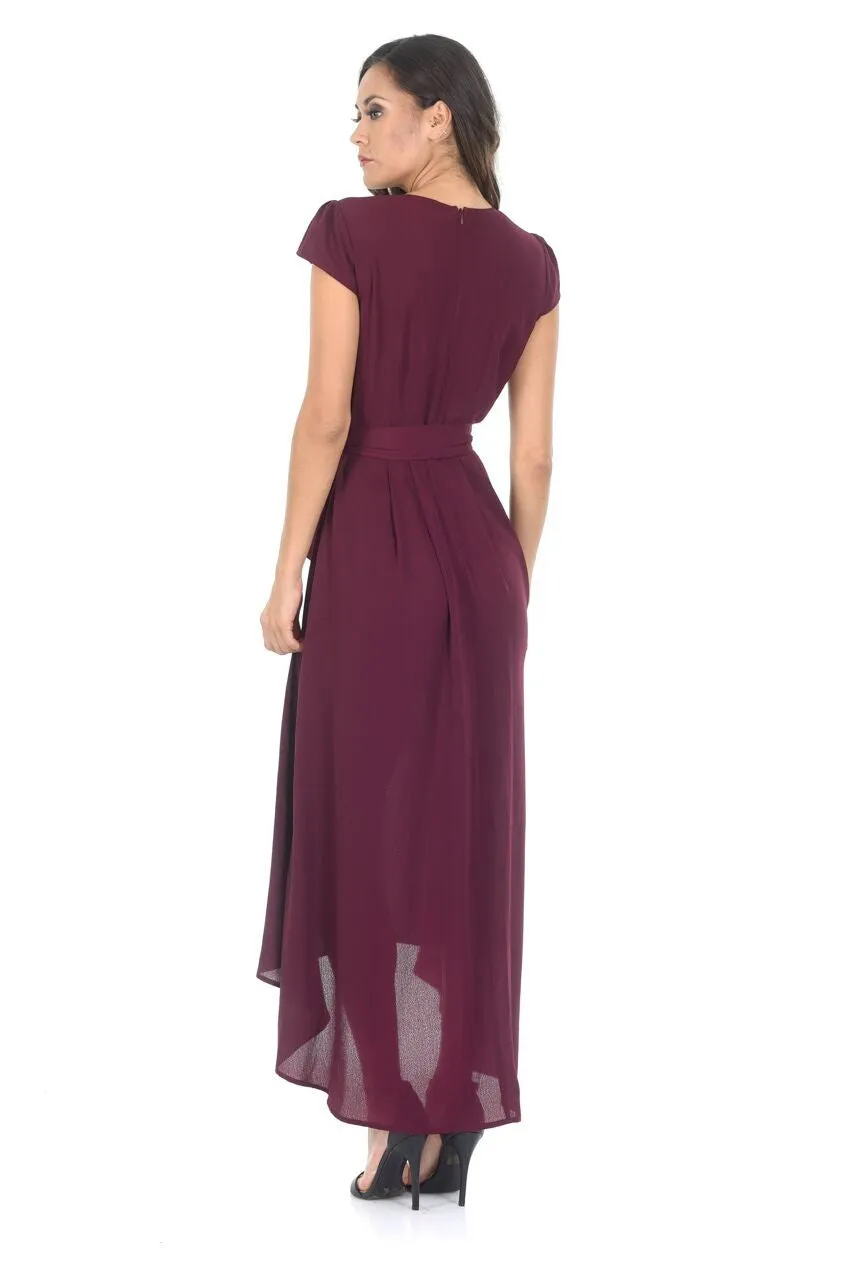 Plum Capped Sleeve Waterfall Dress