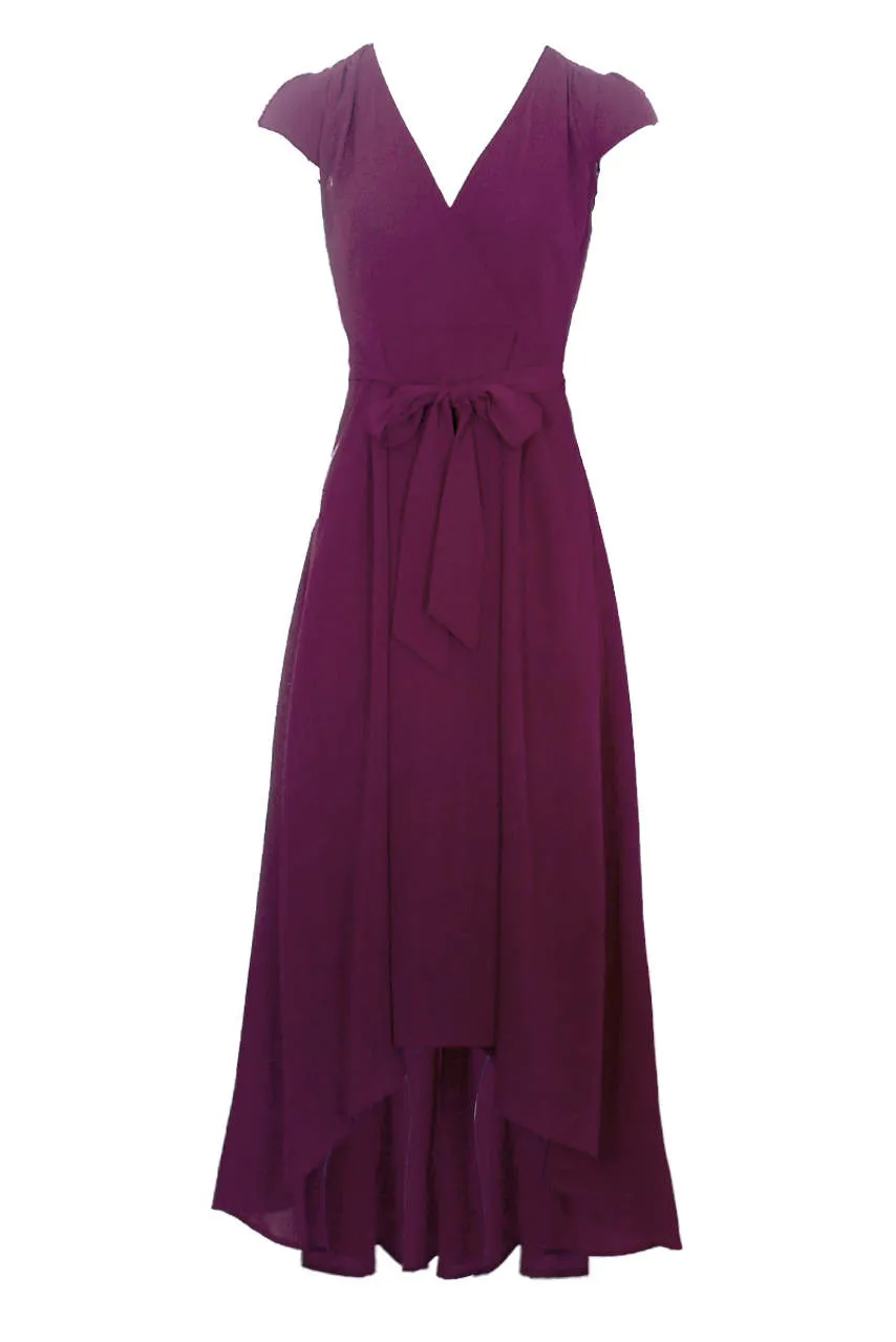 Plum Capped Sleeve Waterfall Dress