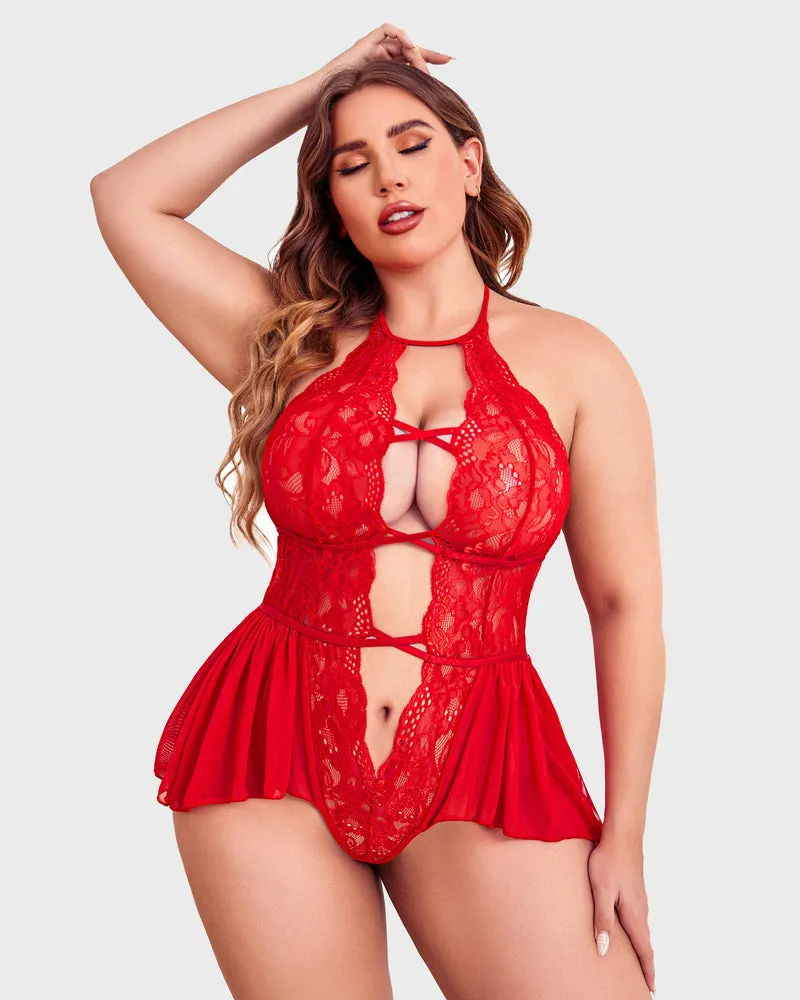 Plus Size Deep V Lace Bodysuit Teddy