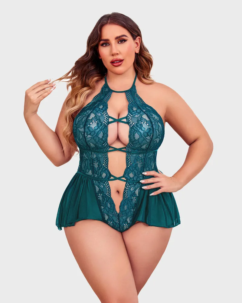 Plus Size Deep V Lace Bodysuit Teddy