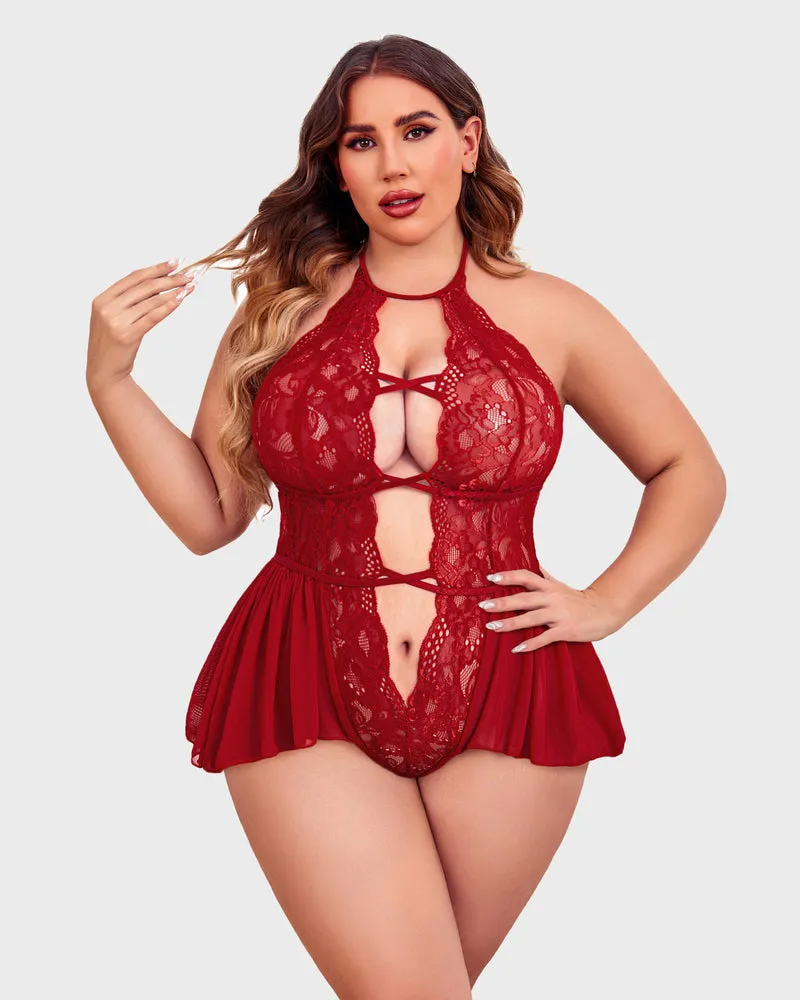 Plus Size Deep V Lace Bodysuit Teddy