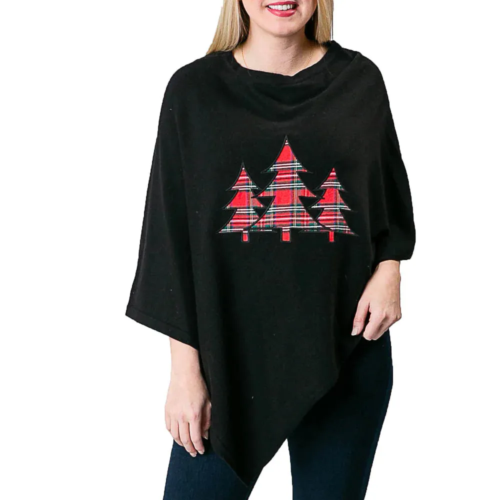 Poncho Black with flannel plaid Christmas trees