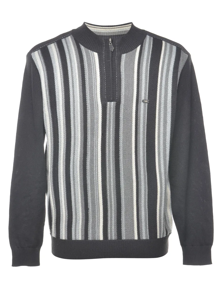 Quarter-Zip Blue, Cream & Black Striped Jumper - M