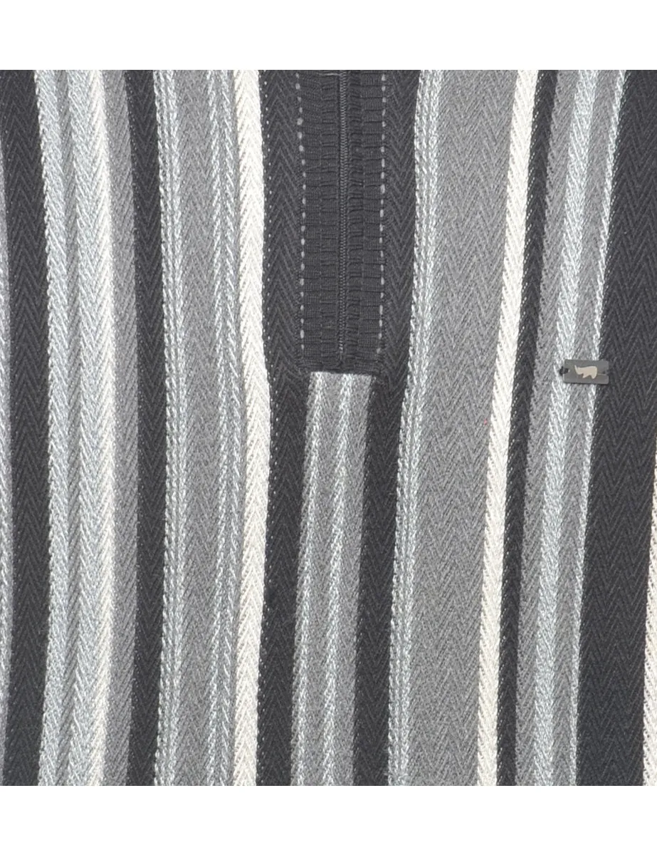 Quarter-Zip Blue, Cream & Black Striped Jumper - M