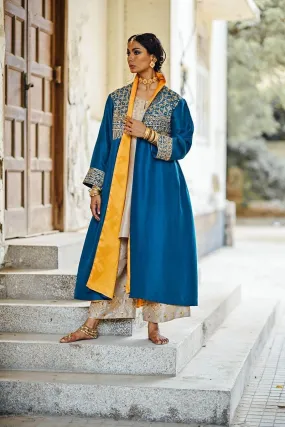 Sanam Chaudhri - Raw Silk Blue Coat with Inner Shirt and Izaar