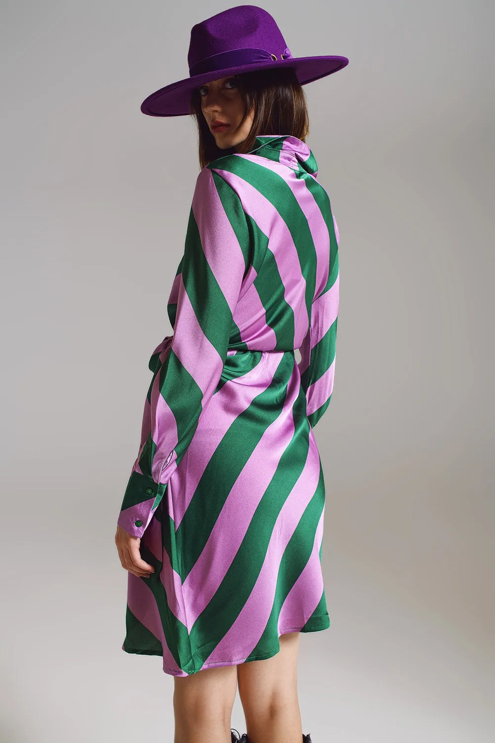 Satin Wrap Dress in Lilac and Green Striped Print