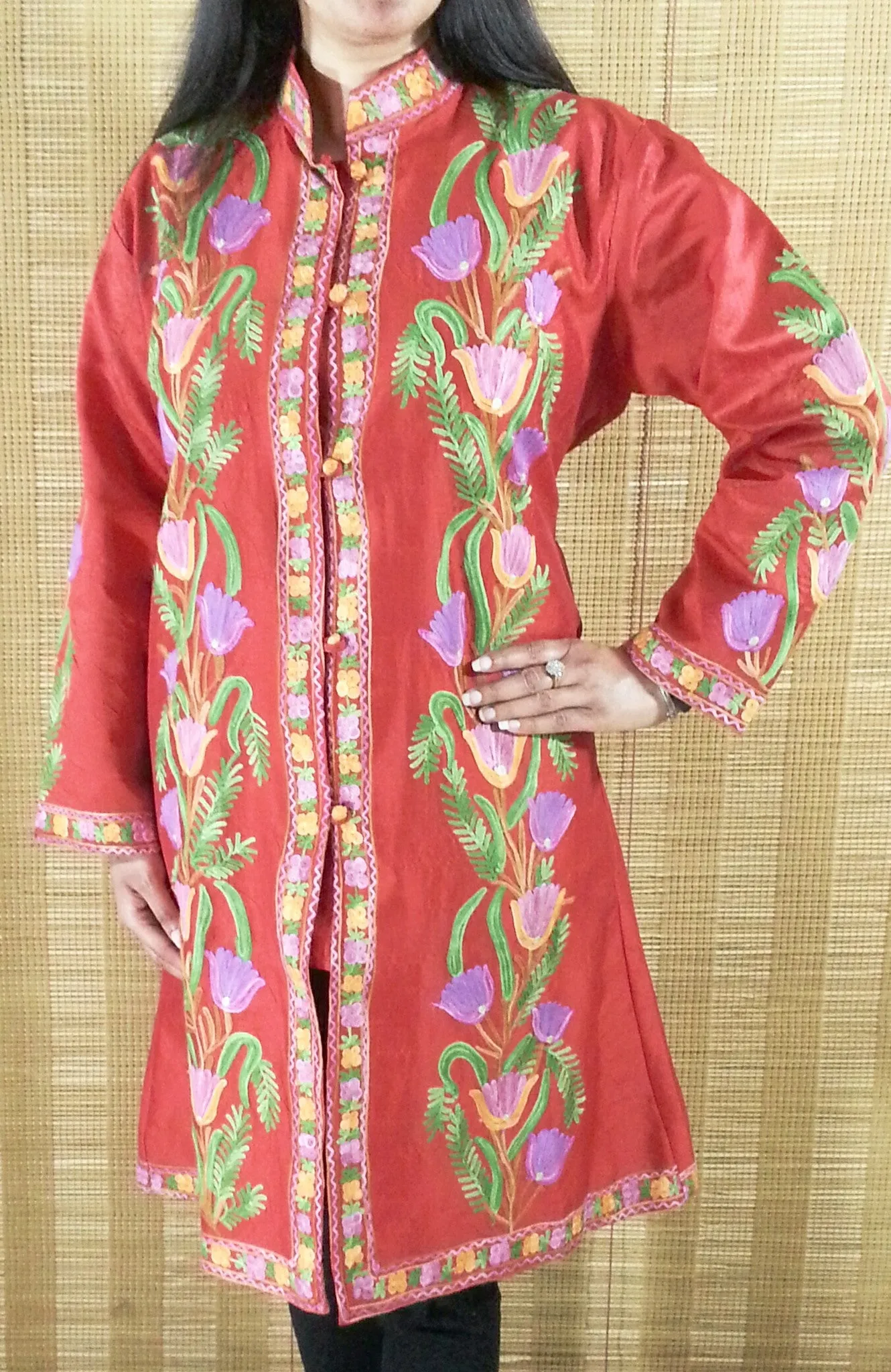 Silk Kashmiri Aari Work Knee Length Jacket