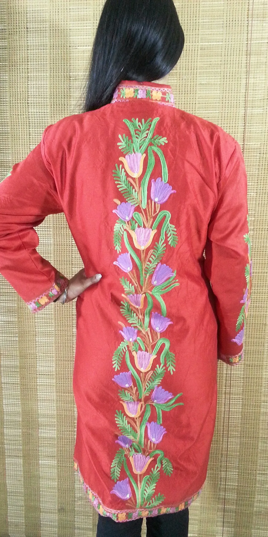 Silk Kashmiri Aari Work Knee Length Jacket