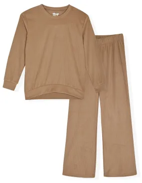 Sleep On It Girls 2-Piece Velour Pajama Pant Sleep Set - Ribbed Brown