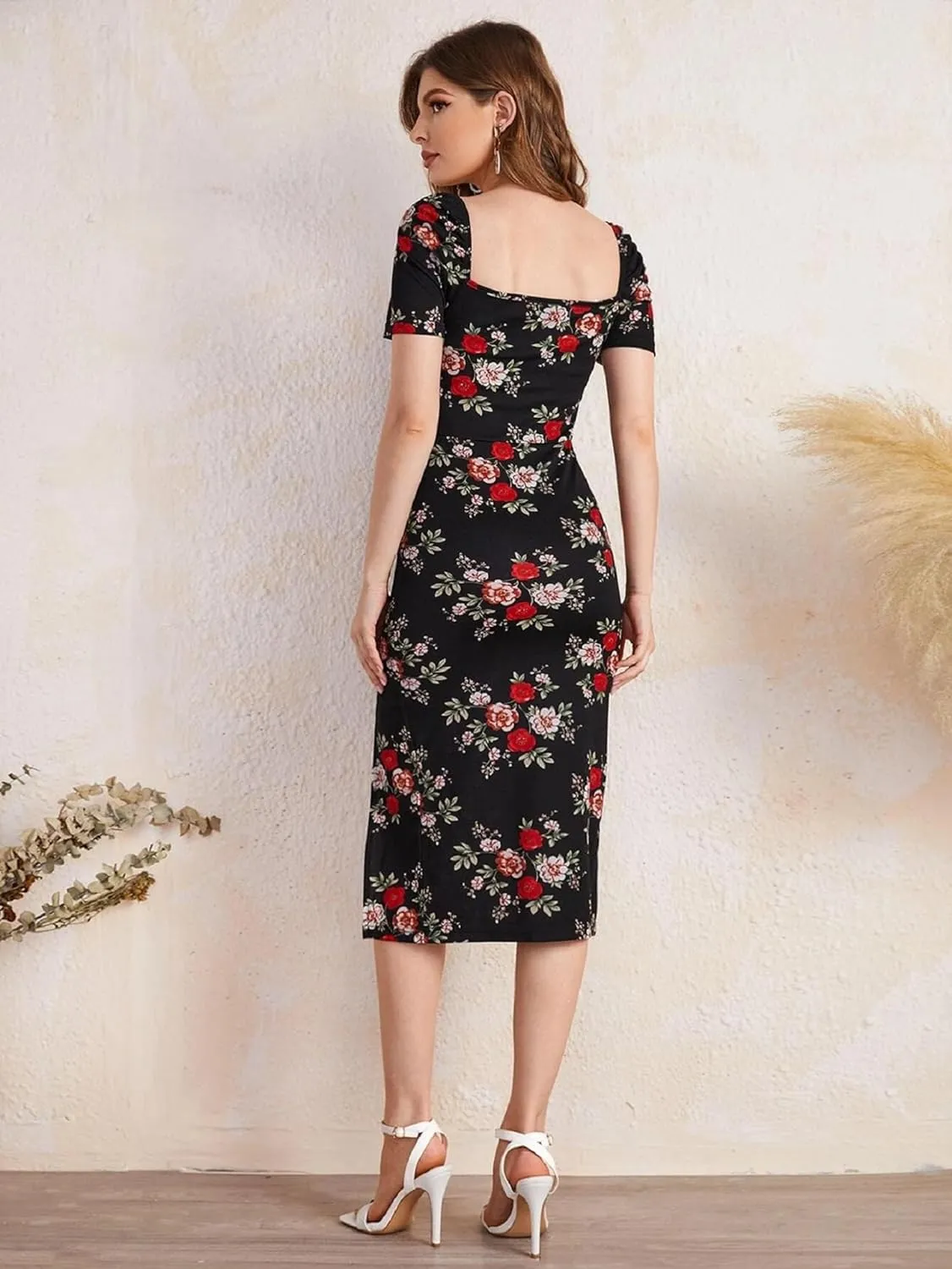 Square Neck Slim Fit Multi Color Flower Print Dress