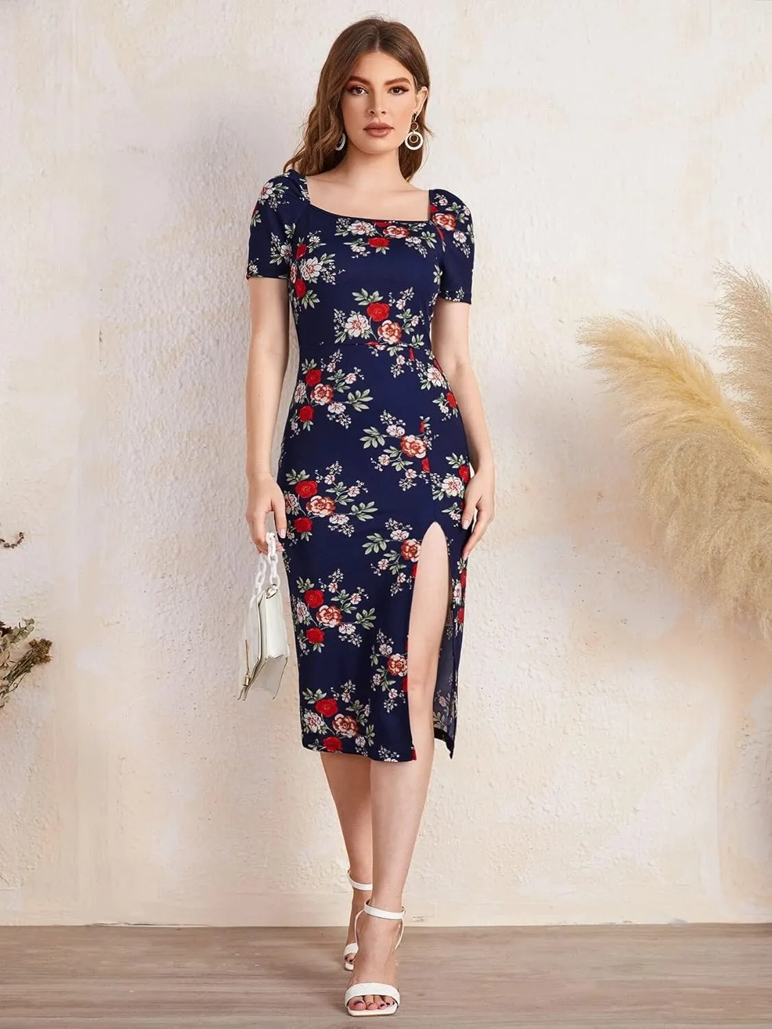 Square Neck Slim Fit Multi Color Flower Print Dress