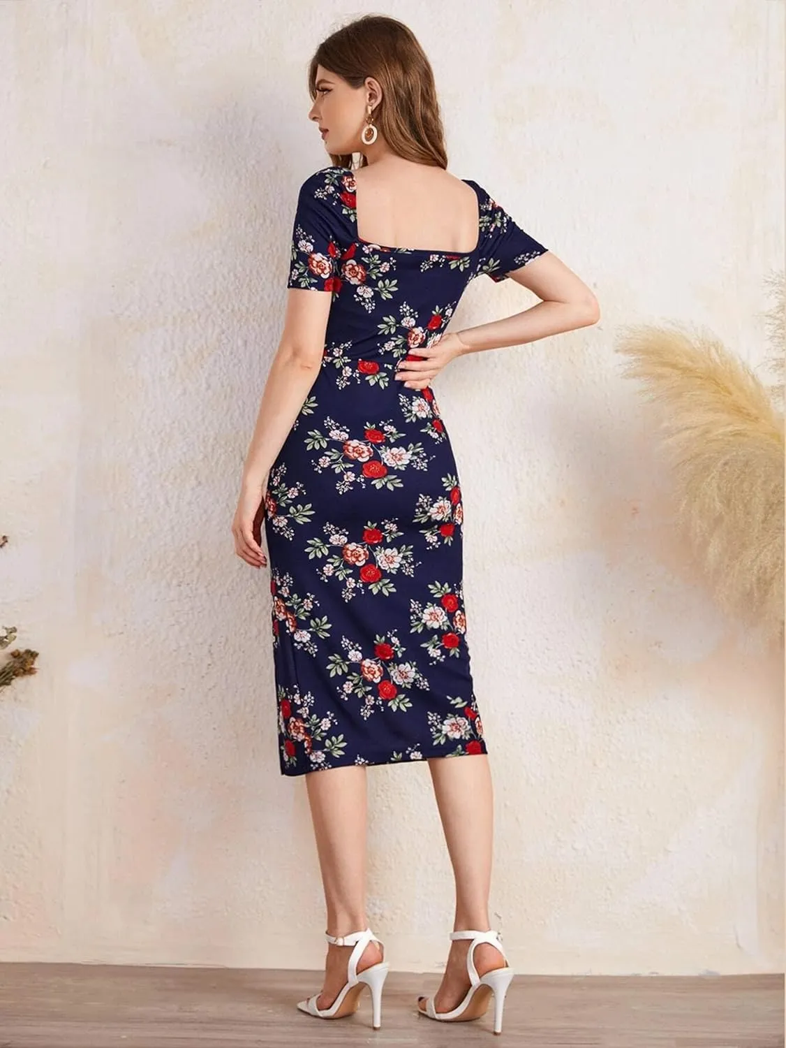 Square Neck Slim Fit Multi Color Flower Print Dress