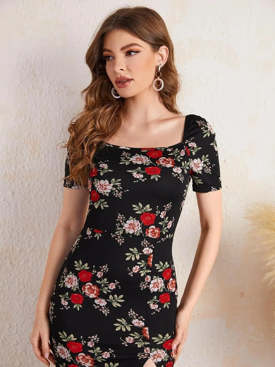 Square Neck Slim Fit Multi Color Flower Print Dress