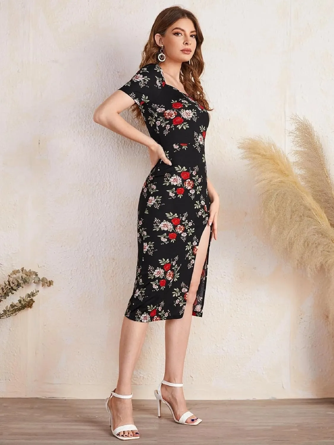 Square Neck Slim Fit Multi Color Flower Print Dress