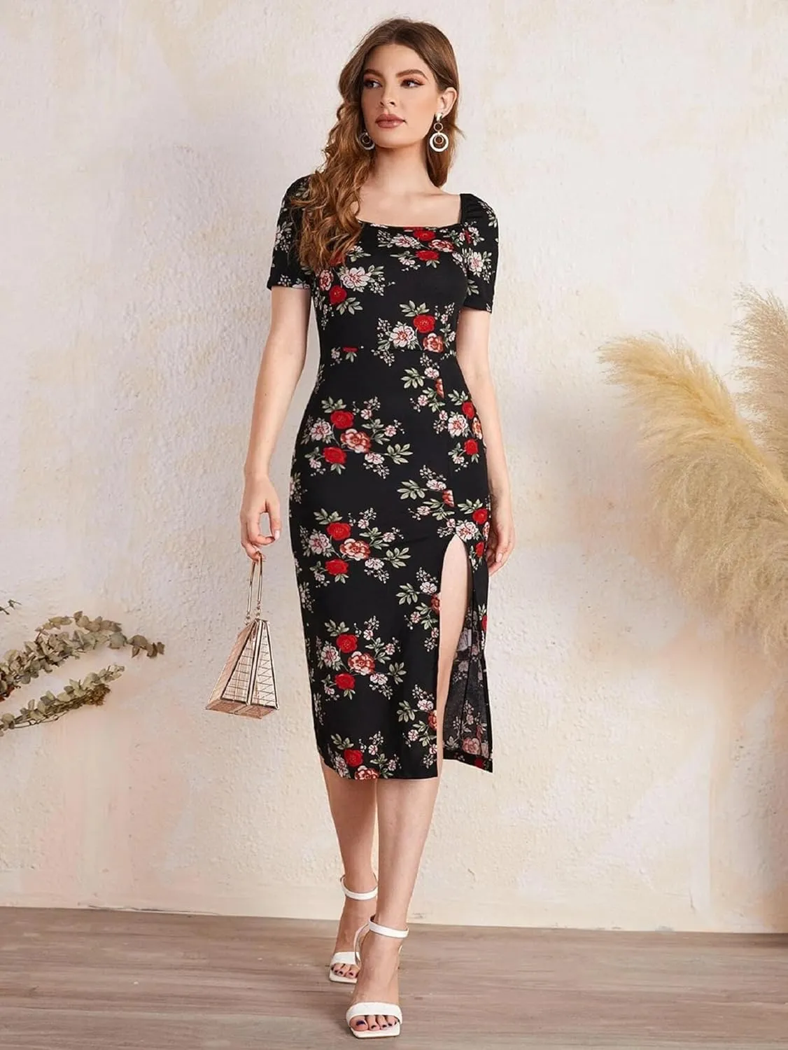 Square Neck Slim Fit Multi Color Flower Print Dress