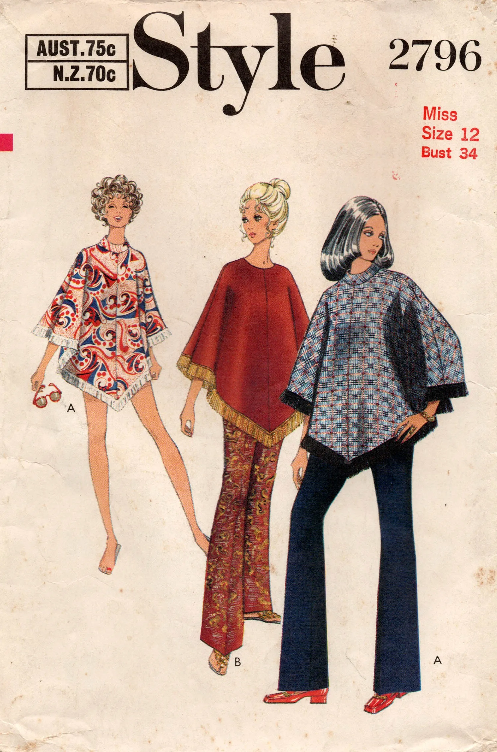 Style 2796 Womens Poncho / Beach Cover Up & Pants 1970s Vintage Sewing Pattern Size 12 Bust 34 Inches