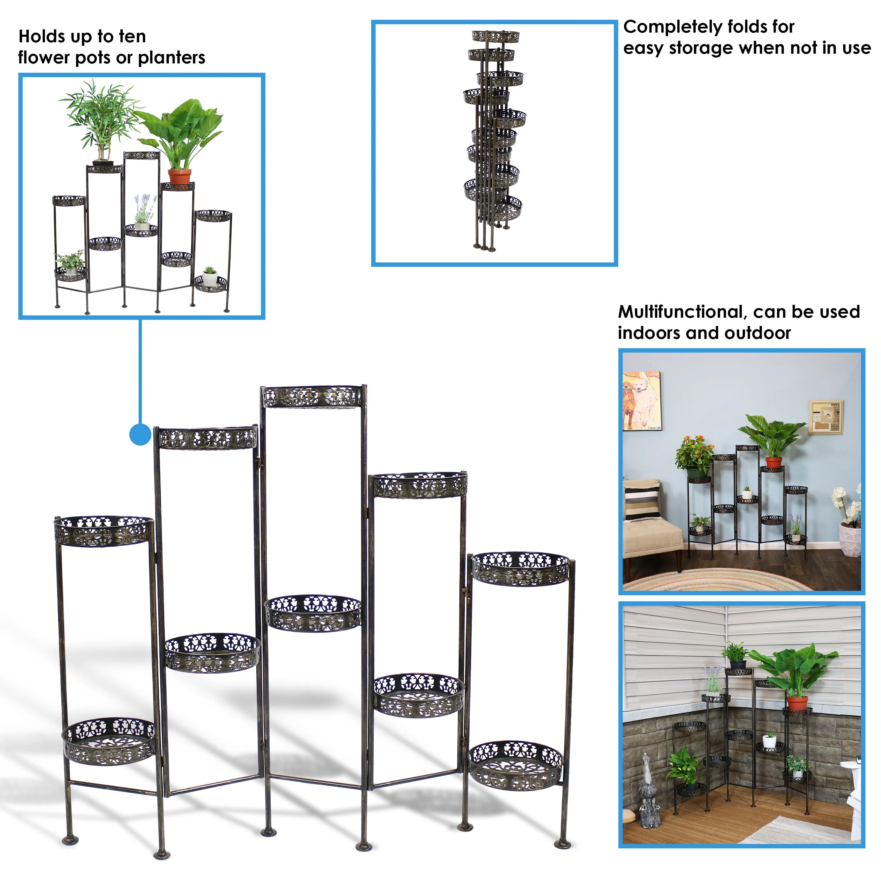 Sunnydaze 10-Tier Bronze Steel Indoor and Outdoor Folding Plant Stand - 46"