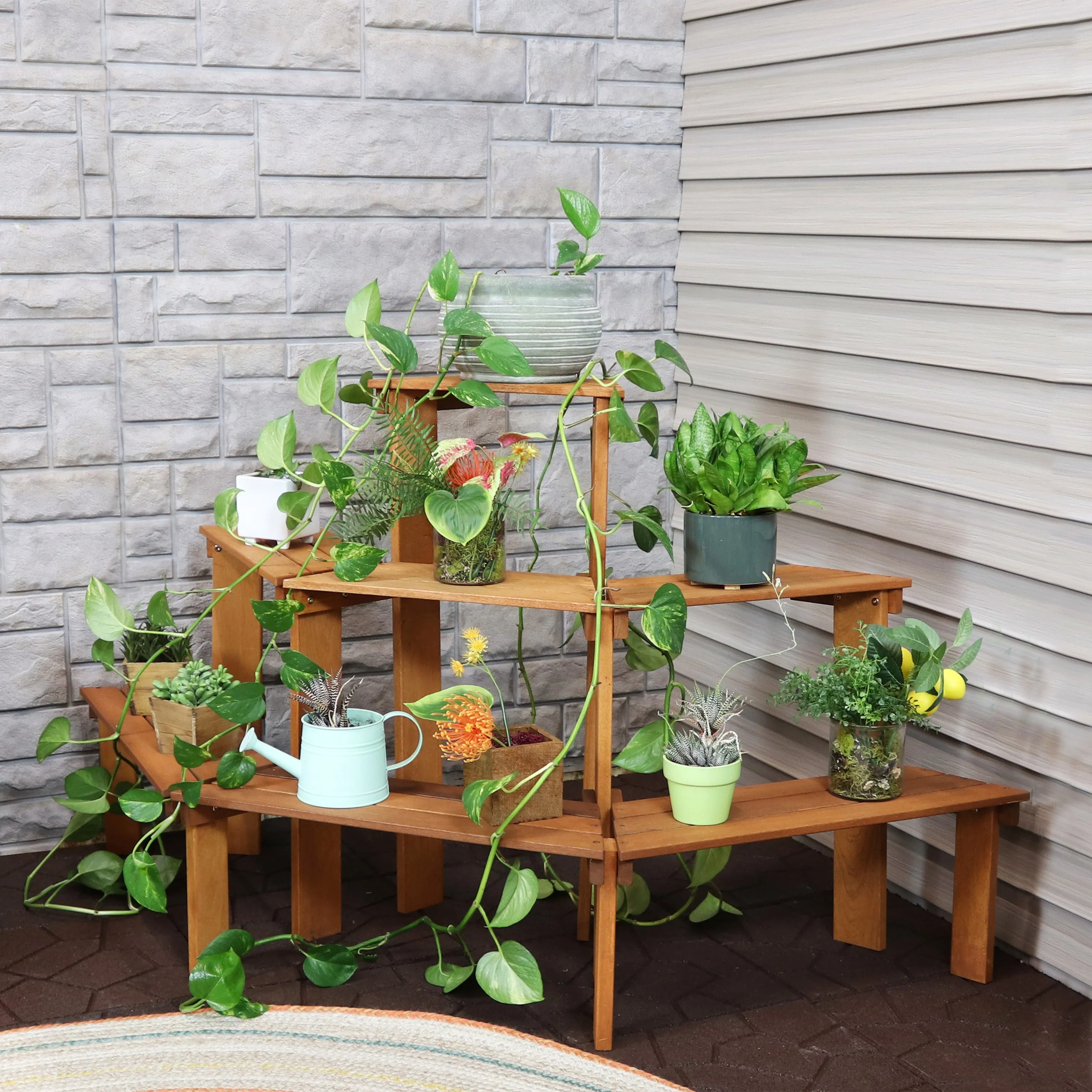 Sunnydaze 3-Tier Meranti Wood Plant Stand with Teak Oil Finish