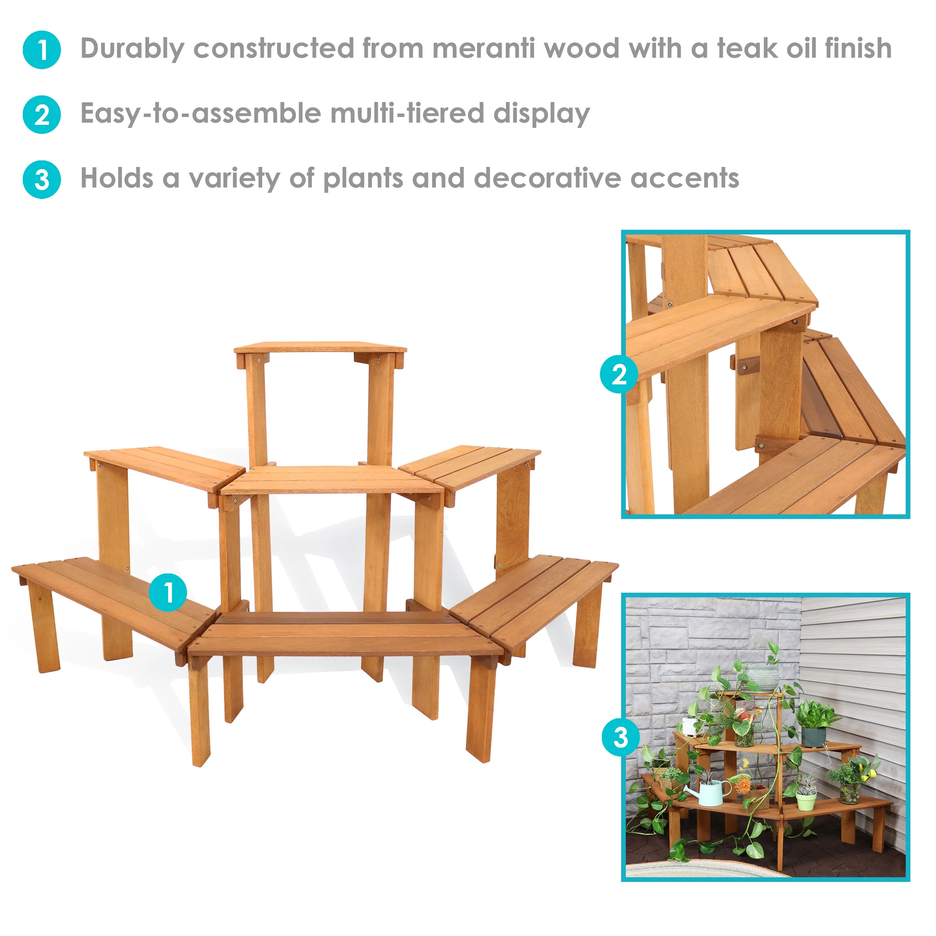 Sunnydaze 3-Tier Meranti Wood Plant Stand with Teak Oil Finish