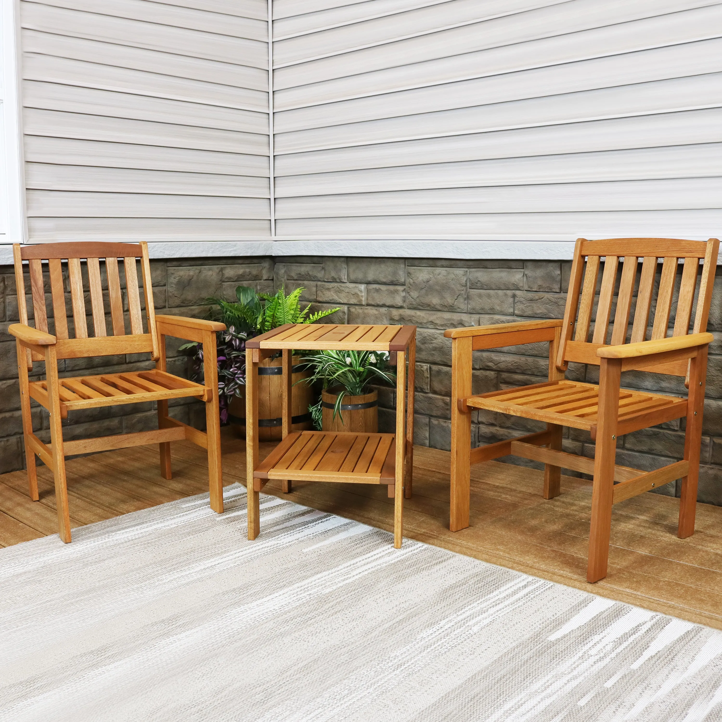 Sunnydaze Meranti Wood 3-Piece Outdoor Patio Conversation Set