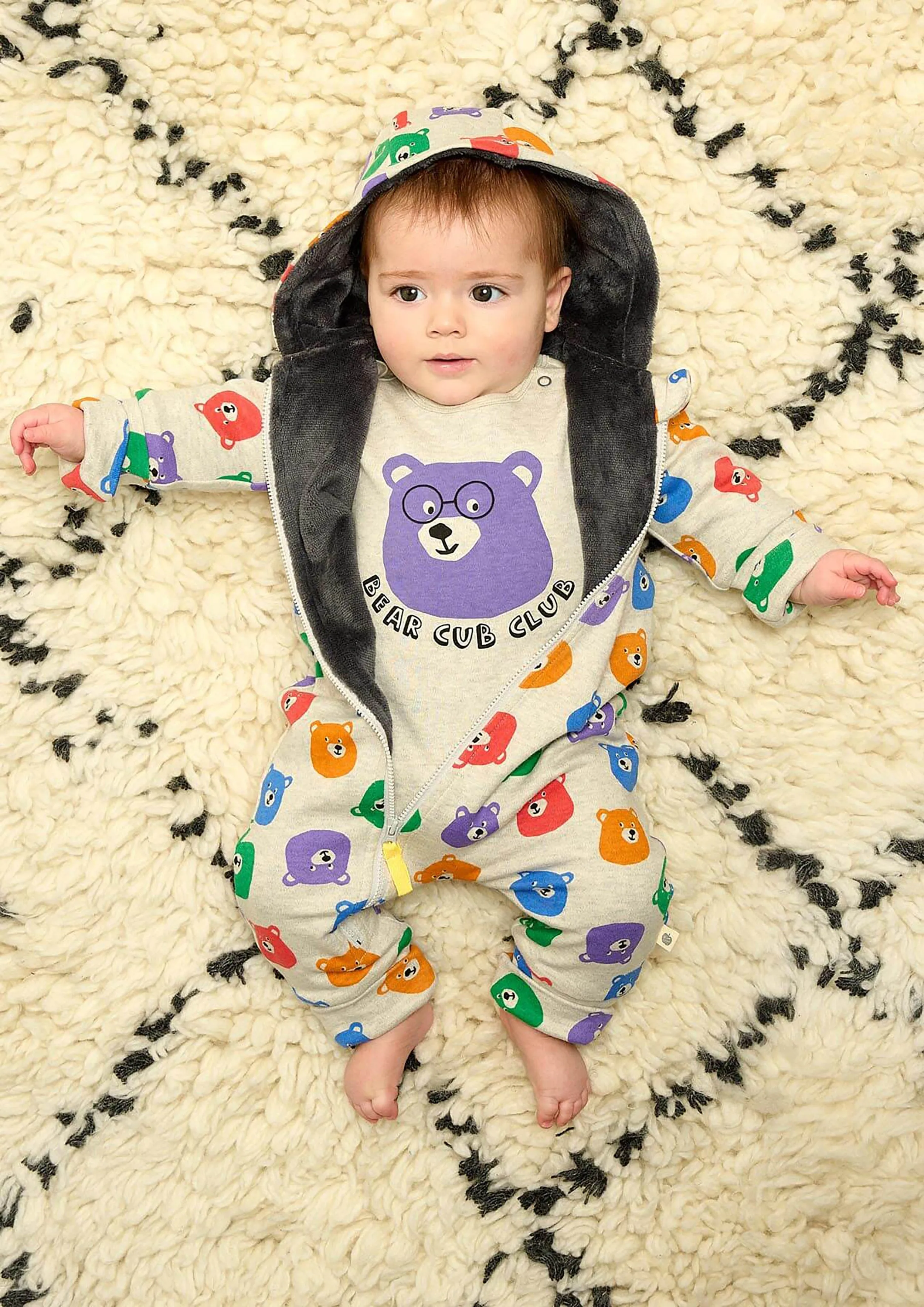 The Bonnie Mob Baby Bears Faux Fur Lined Onesie in Multicolour