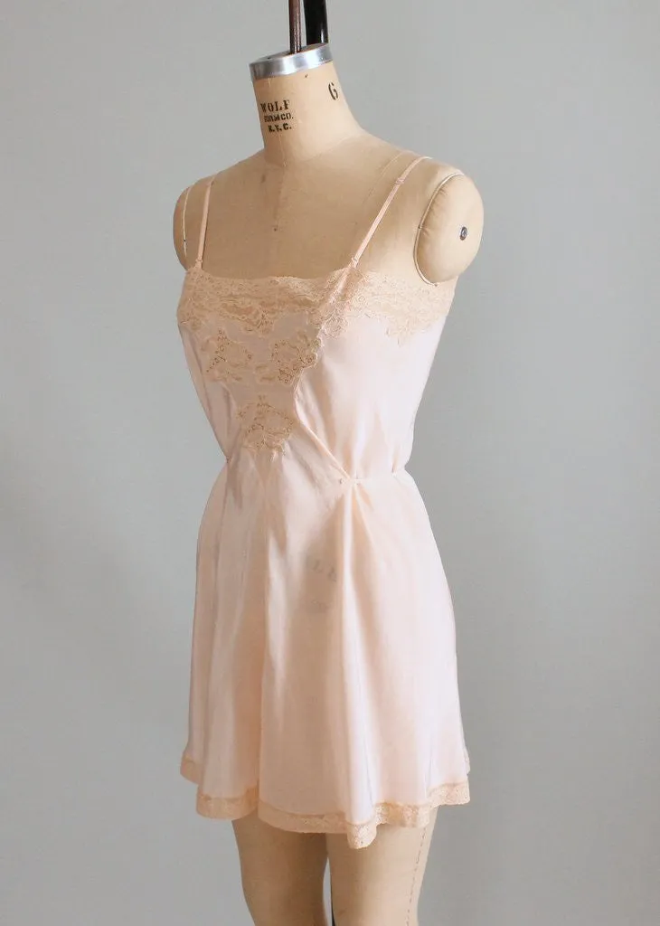 Vintage 1930s Peach Silk and Lace Stip In Teddy