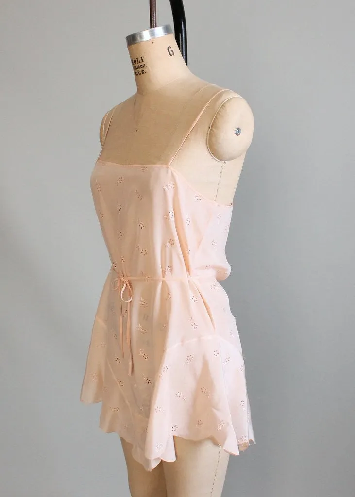 Vintage 1930s Peach Silk Eyelet Step-In Teddy