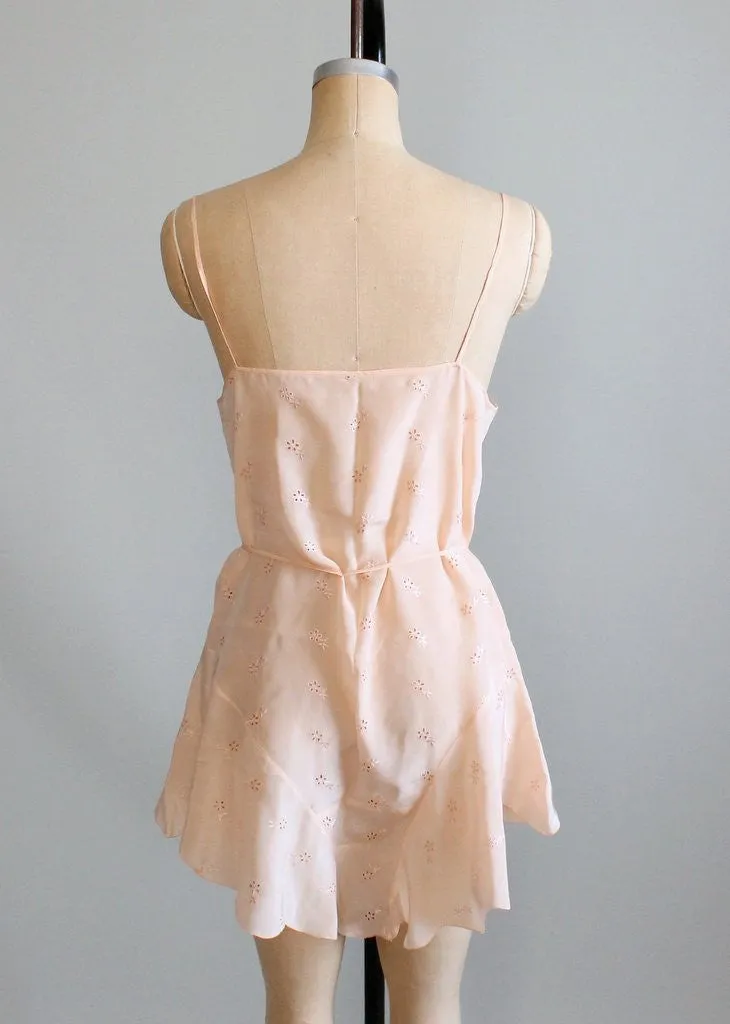 Vintage 1930s Peach Silk Eyelet Step-In Teddy