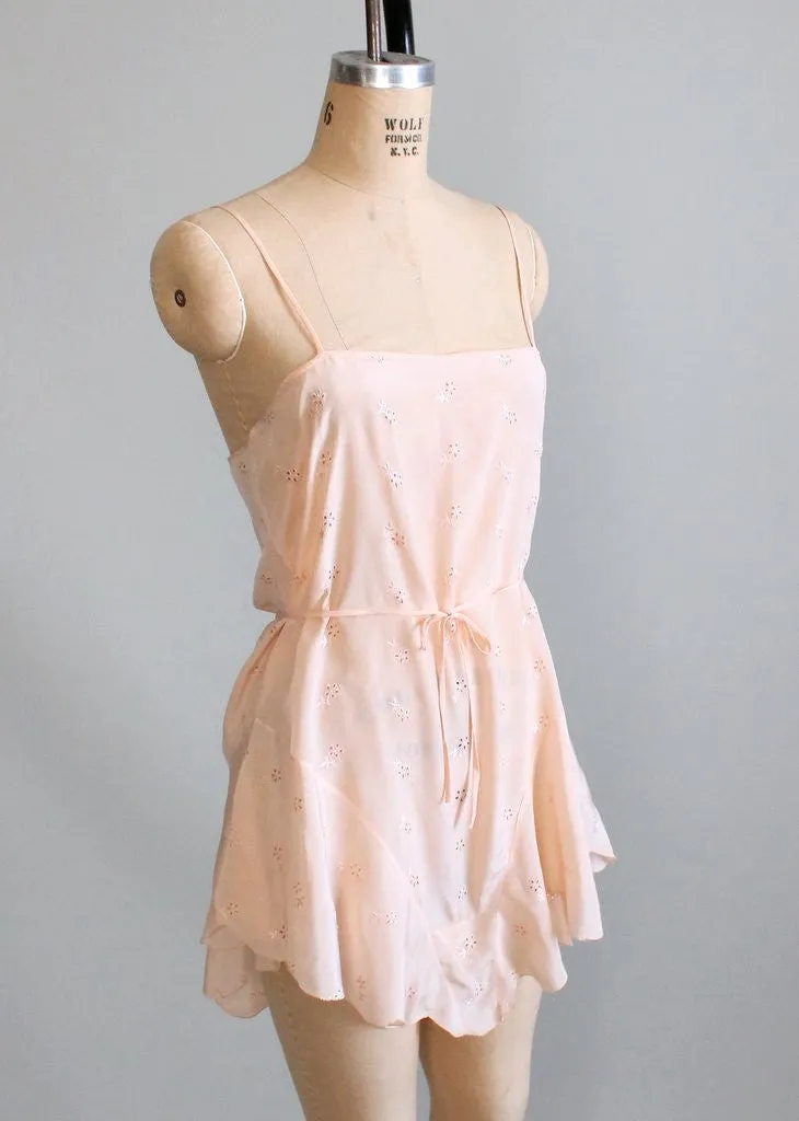 Vintage 1930s Peach Silk Eyelet Step-In Teddy