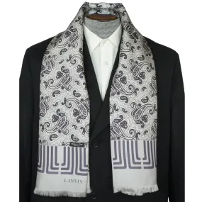 Vintage 1970s Lanvin Paris Mens Silk Dress Scarf Silver Grey w Paisley Pattern