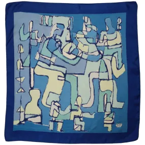 Vintage Liberty of London Silk Scarf Blue Cubist Figural Pattern Exceptional 