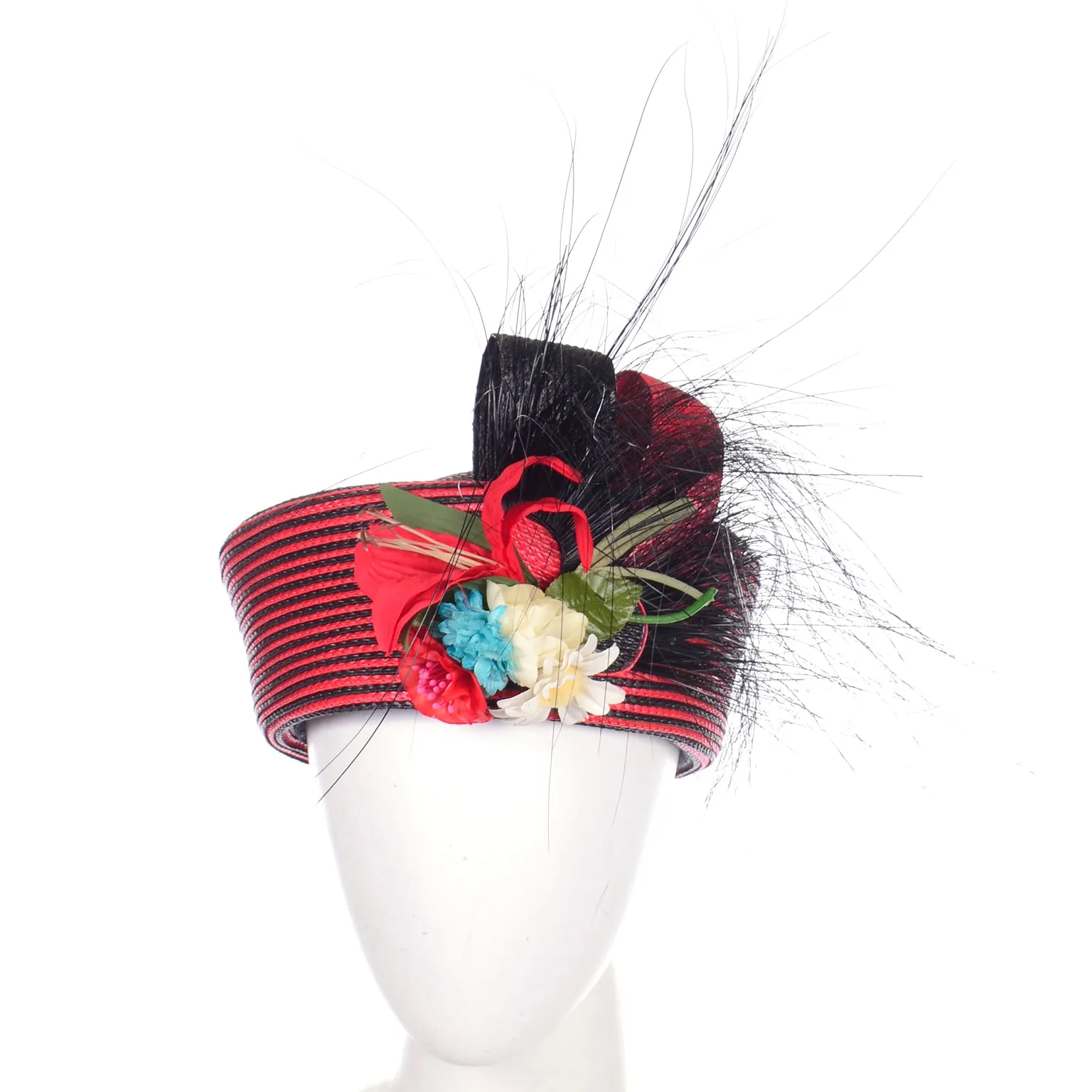 Vintage Sylvia Red and Black Feather Flower Statement Hat