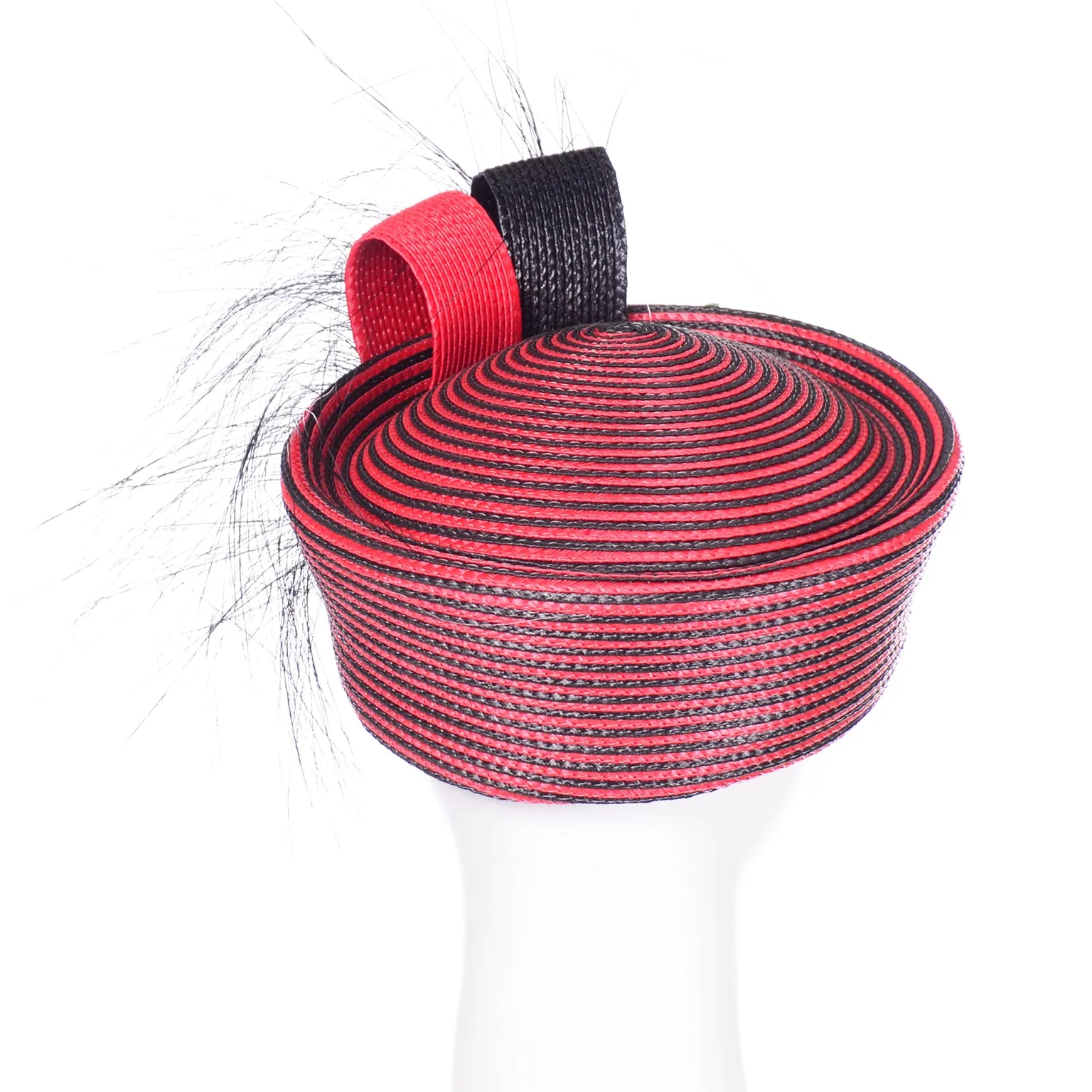 Vintage Sylvia Red and Black Feather Flower Statement Hat