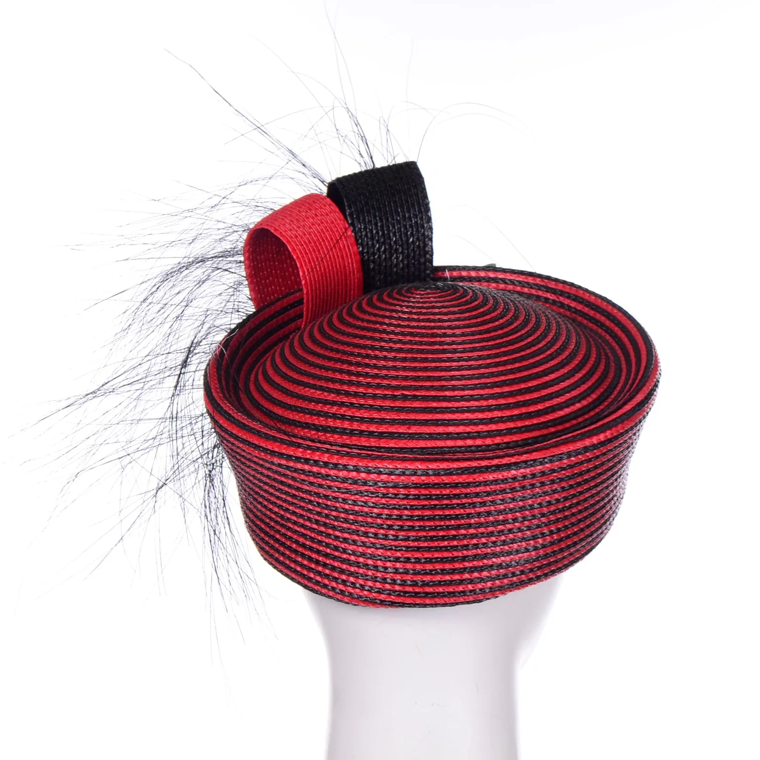 Vintage Sylvia Red and Black Feather Flower Statement Hat