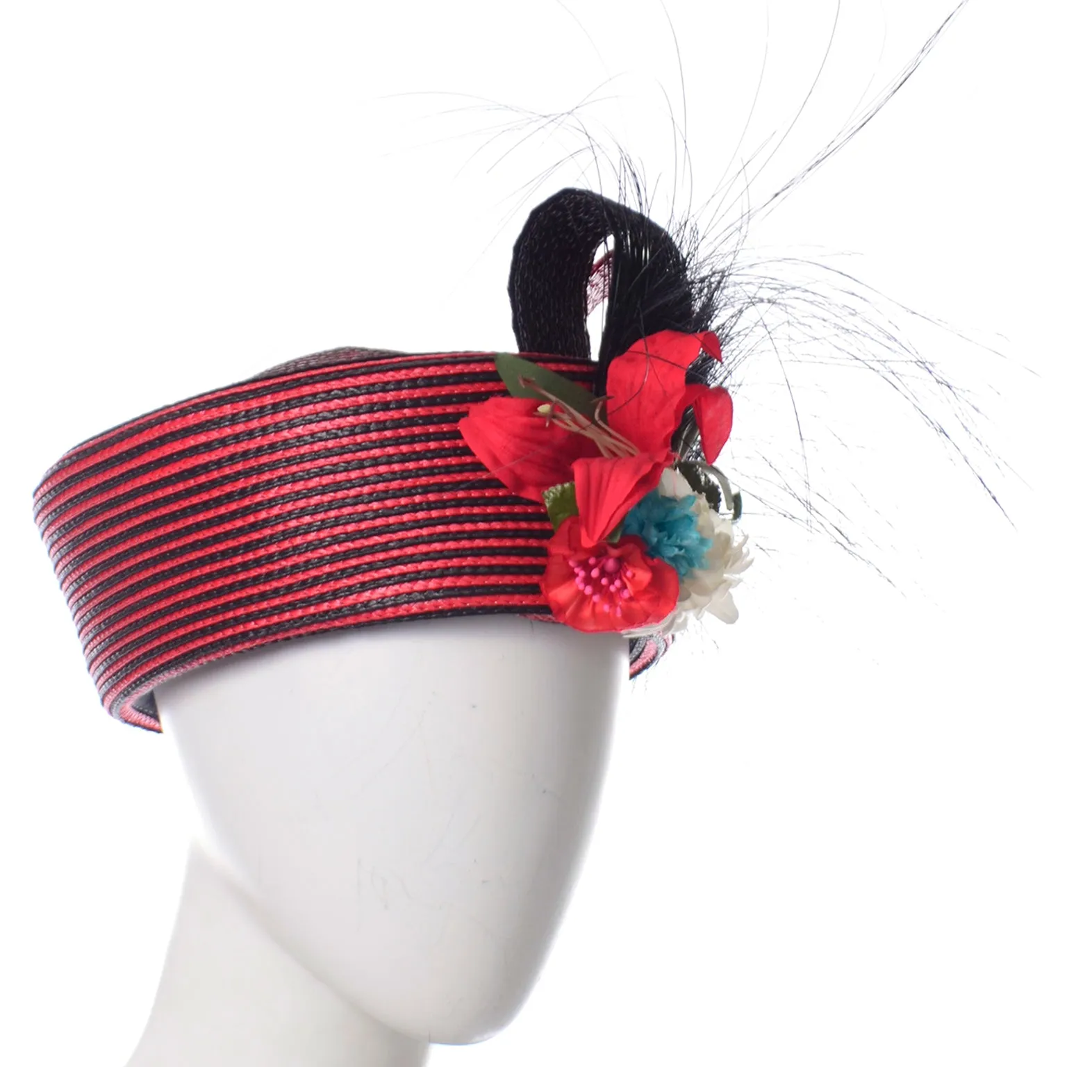 Vintage Sylvia Red and Black Feather Flower Statement Hat