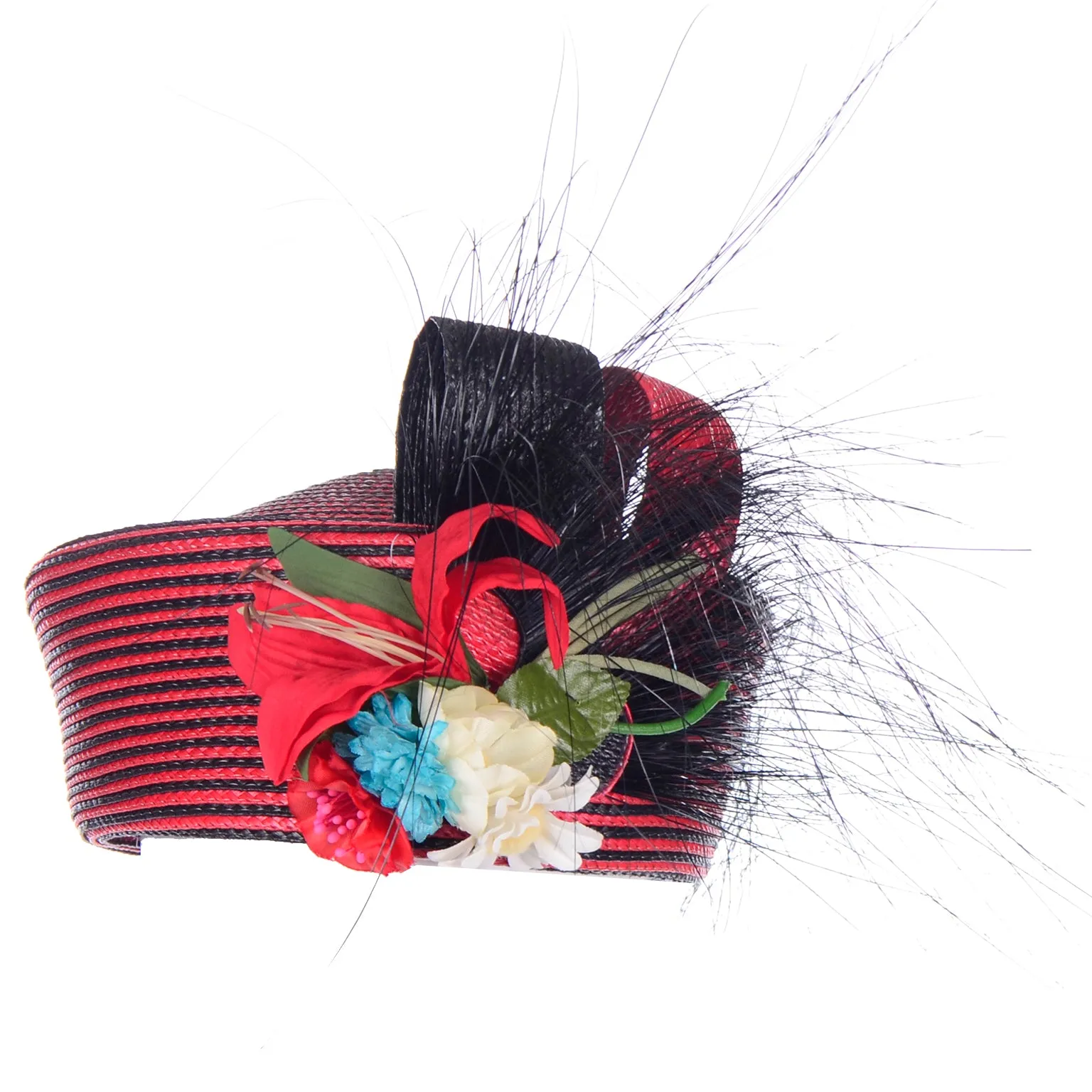 Vintage Sylvia Red and Black Feather Flower Statement Hat