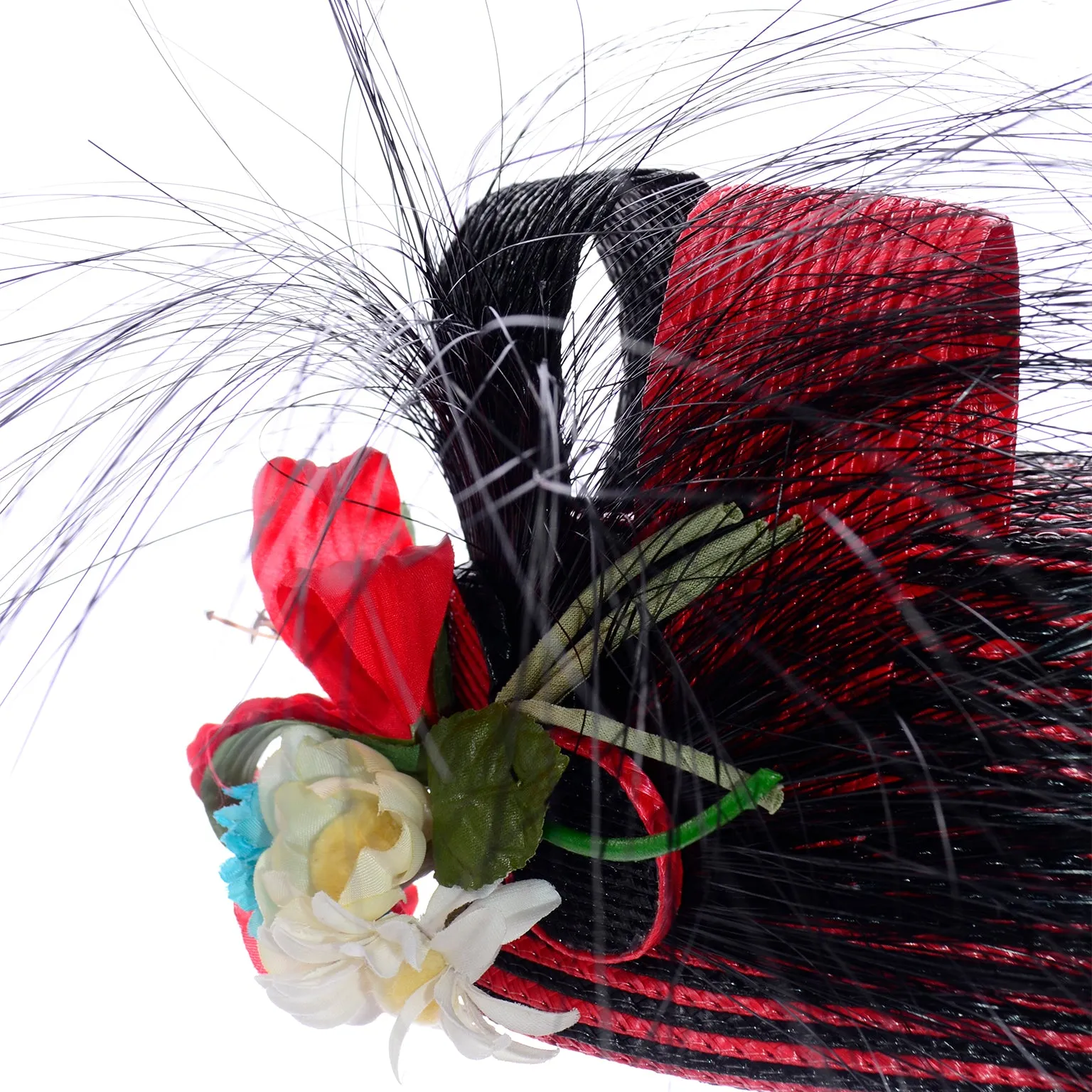 Vintage Sylvia Red and Black Feather Flower Statement Hat