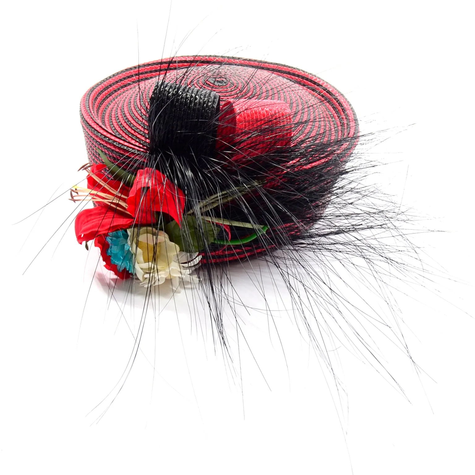 Vintage Sylvia Red and Black Feather Flower Statement Hat