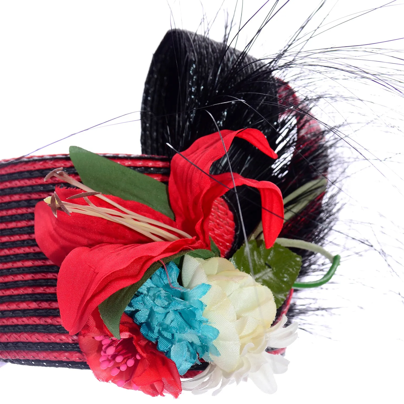 Vintage Sylvia Red and Black Feather Flower Statement Hat