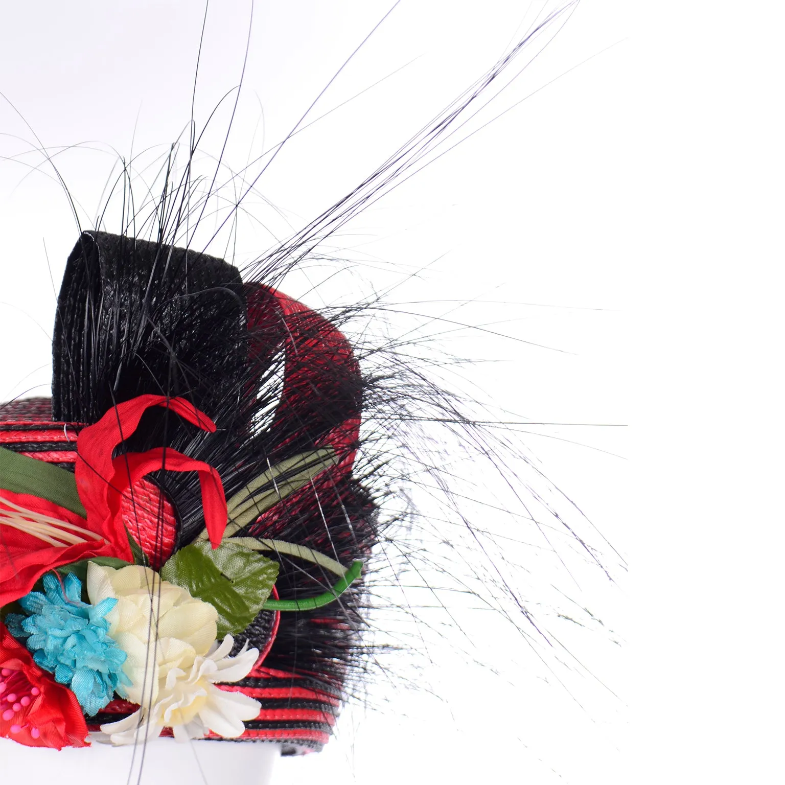 Vintage Sylvia Red and Black Feather Flower Statement Hat