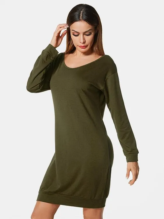 Wholesale Scoop Neck Long Sleeve Plain Shirt Dresses