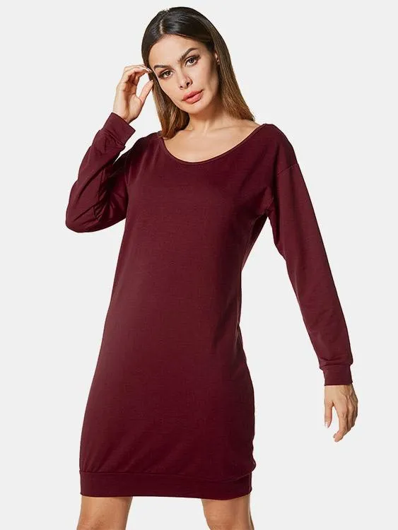 Wholesale Scoop Neck Long Sleeve Plain Shirt Dresses