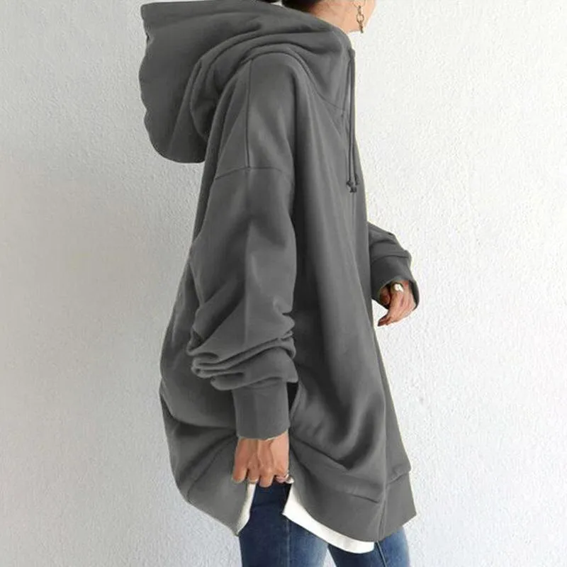 Women long plain street zip up hoodie with pockets