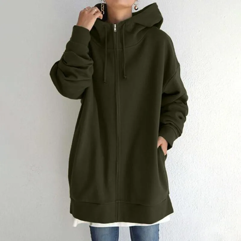 Women long plain street zip up hoodie with pockets