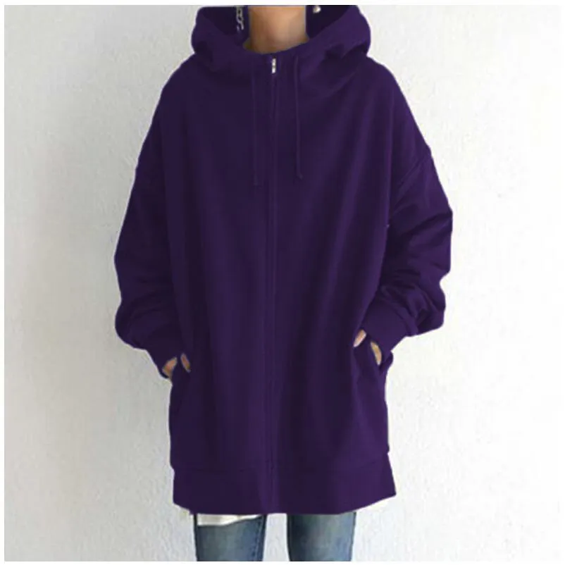 Women long plain street zip up hoodie with pockets