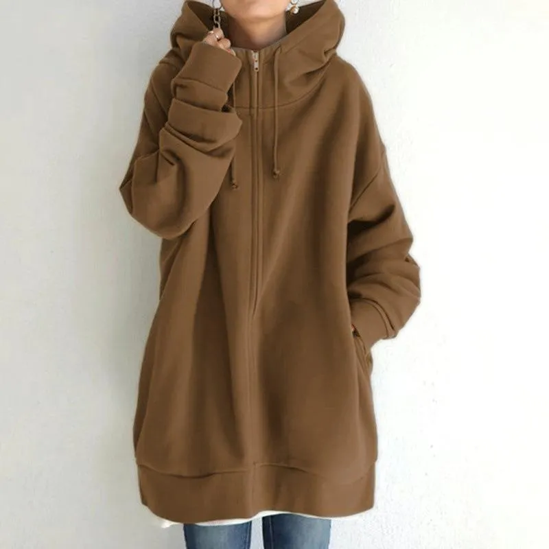 Women long plain street zip up hoodie with pockets