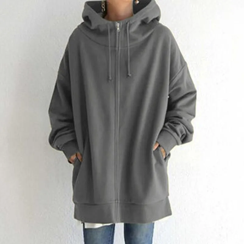 Women long plain street zip up hoodie with pockets