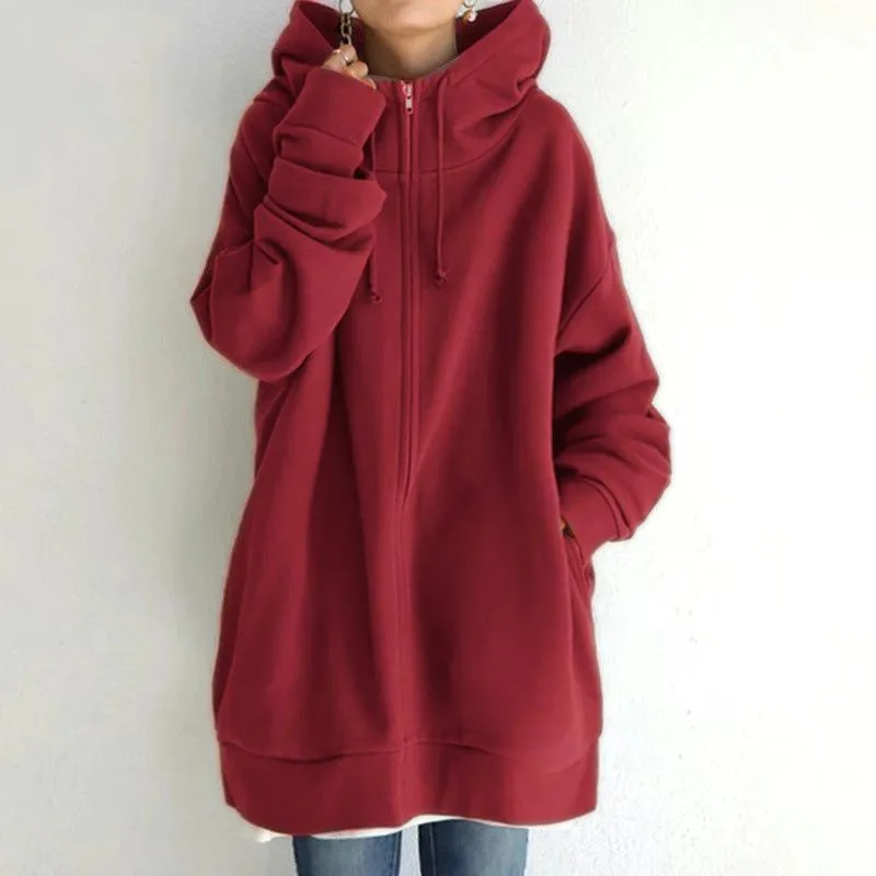 Women long plain street zip up hoodie with pockets